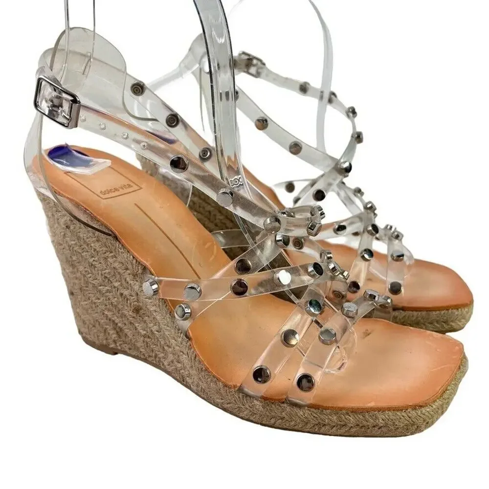 Dolce Vita Maxton Espadrille Womens Clear Studded Wedge Sandals Square Toe 8.5